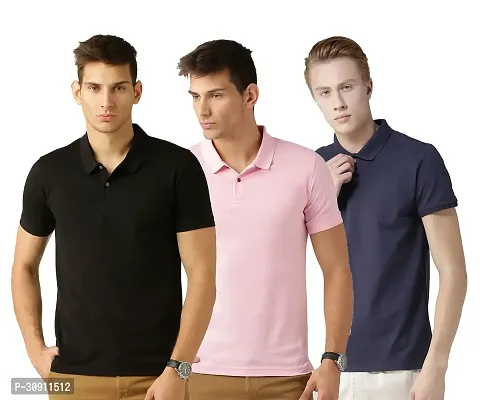 Stylish Multicoloured Cotton Blend Solid Polos T-Shirt For Men Pack Of 3