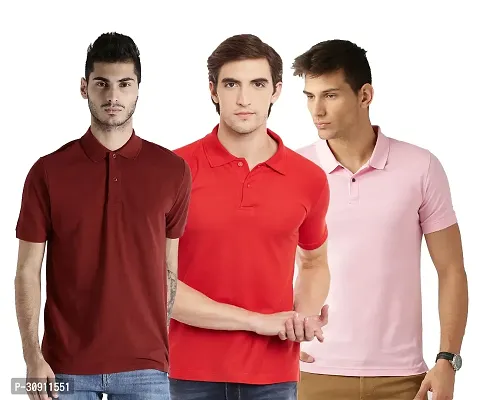 Stylish Multicoloured Cotton Blend Solid Polos T-Shirt For Men Pack Of 3-thumb0