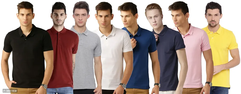 Stylish Multicoloured Cotton Blend Solid Polos T-Shirt For Men Pack Of 8-thumb0