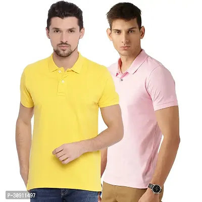 Stylish Multicoloured Cotton Blend Solid Polos T-Shirt For Men Pack Of 2-thumb0