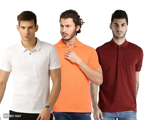 Stylish Multicoloured Cotton Blend Solid Polos T-Shirt For Men Pack Of 3-thumb0