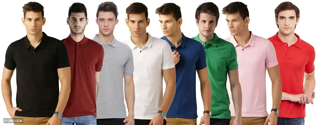 Stylish Multicoloured Cotton Blend Solid Polos T-Shirt For Men Pack Of 8-thumb0