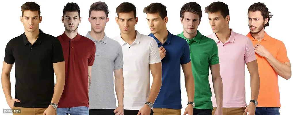 Stylish Multicoloured Cotton Blend Solid Polos T-Shirt For Men Pack Of 8