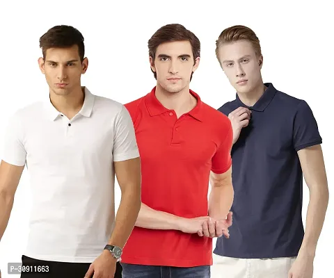 Stylish Multicoloured Cotton Blend Solid Polos T-Shirt For Men Pack Of 3-thumb0