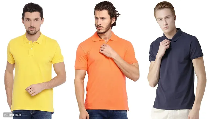 Stylish Multicoloured Cotton Blend Solid Polos T-Shirt For Men Pack Of 3