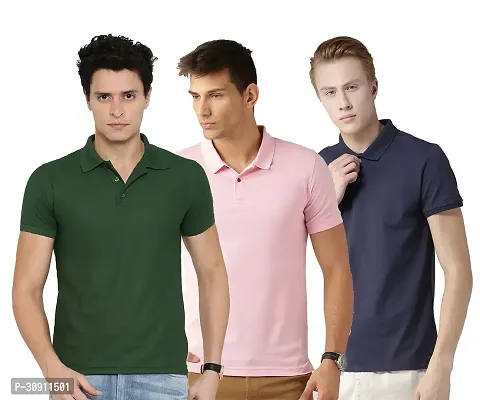 Stylish Multicoloured Cotton Blend Solid Polos T-Shirt For Men Pack Of 3-thumb0