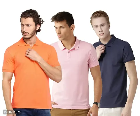 Stylish Multicoloured Cotton Blend Solid Polos T-Shirt For Men Pack Of 3-thumb0