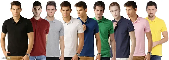 Stylish Multicoloured Cotton Blend Solid Polos T-Shirt For Men Pack Of 9-thumb0