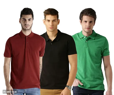 Stylish Multicoloured Cotton Blend Solid Polos T-Shirt For Men Pack Of 3-thumb0