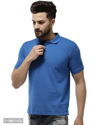 Stylish Blue Cotton Blend Solid Polos T-Shirt For Men-thumb2