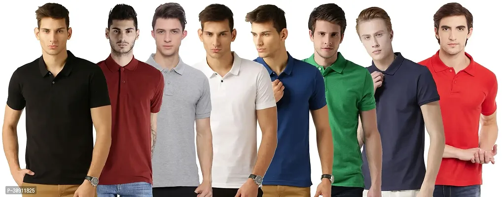 Stylish Multicoloured Cotton Blend Solid Polos T-Shirt For Men Pack Of 8