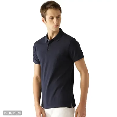 Stylish Navy Blue Cotton Blend Solid Polos T-Shirt For Men-thumb2