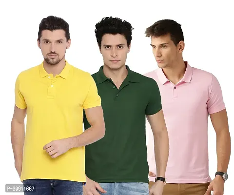 Stylish Multicoloured Cotton Blend Solid Polos T-Shirt For Men Pack Of 3-thumb0