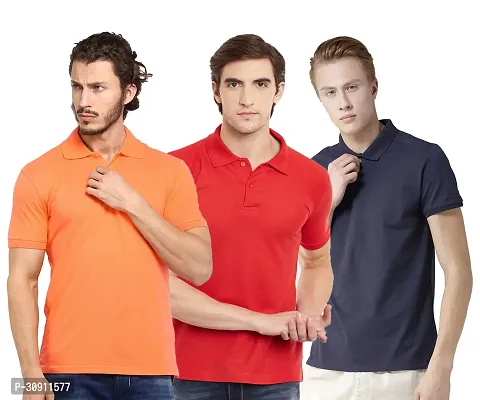 Stylish Multicoloured Cotton Blend Solid Polos T-Shirt For Men Pack Of 3-thumb0