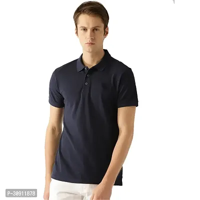 Stylish Navy Blue Cotton Blend Solid Polos T-Shirt For Men-thumb0