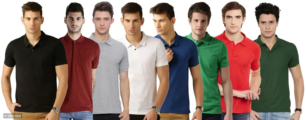 Stylish Multicoloured Cotton Blend Solid Polos T-Shirt For Men Pack Of 8