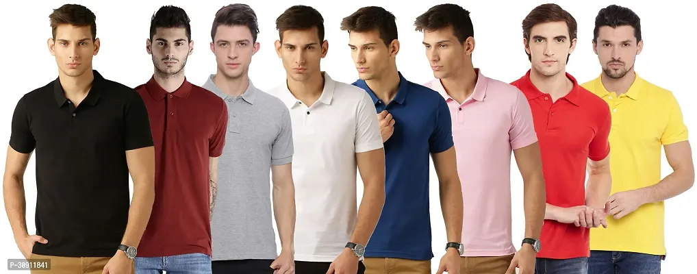 Stylish Multicoloured Cotton Blend Solid Polos T-Shirt For Men Pack Of 8-thumb0