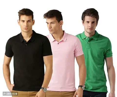 Stylish Multicoloured Cotton Blend Solid Polos T-Shirt For Men Pack Of 3-thumb0