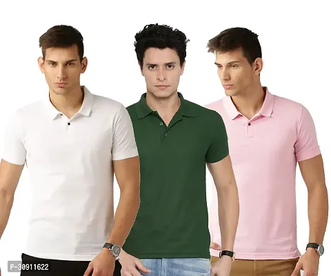 Stylish Multicoloured Cotton Blend Solid Polos T-Shirt For Men Pack Of 3-thumb0