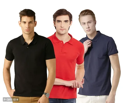 Stylish Multicoloured Cotton Blend Solid Polos T-Shirt For Men Pack Of 3-thumb0