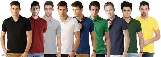 Stylish Multicoloured Cotton Blend Solid Polos T-Shirt For Men Pack Of 9-thumb0