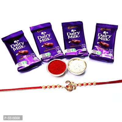 OM Designer Rakhi Set Of 1 With Cadbury Dairy Milk Chocolate Bar, 13.2 G Pack Of 4 (RoliChawal)