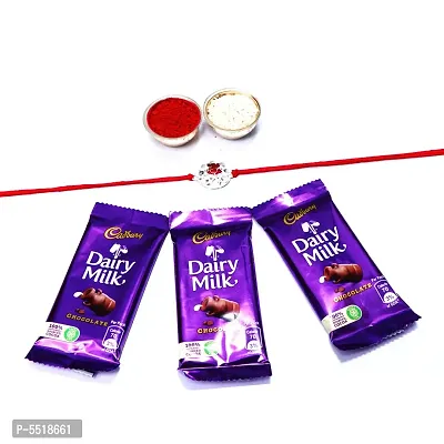 OM Silver Designer Rakhi For Brother Set Of 1 With Cadbury Dairy Milk Chocolate Bar, 13.2 G Pack Of 3 (Roli&Chawal)-thumb0