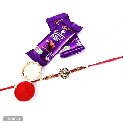 Lord Ganesh Golden Designer Rakhi Set Of 1 With Cadbury Dairy Milk Chocolate Bar, 13.2 G Pack Of 2 (Roli&Chawal)