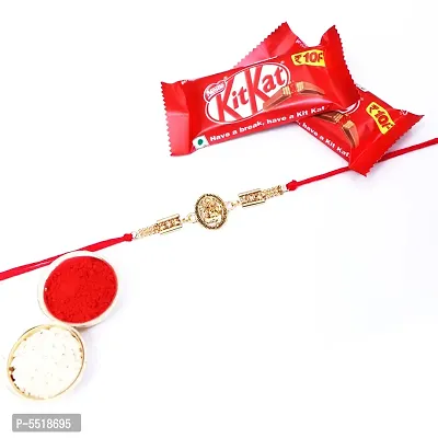 Lord Ganesh Golden Designer Rakhi Set Of 1 With Kitkat Chocolate 12.8Gm Pack Of 2 (Roli&Chawal)