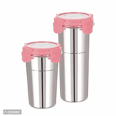 Stainless Steel Click and Seal Lock Fusion Tumbler Glass Air Tight Leak Proof Storage Container Big Glass Bottle with lid for Milk Juice Buttermilk at Home Office Travel (Multicolor, 600+400 ML)-thumb0