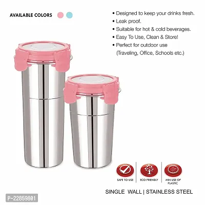 Stainless Steel Click and Seal Lock Fusion Tumbler Glass Air Tight Leak Proof Storage Container Big Glass Bottle with lid for Milk Juice Buttermilk at Home Office Travel (Multicolor, 600+400 ML)-thumb3