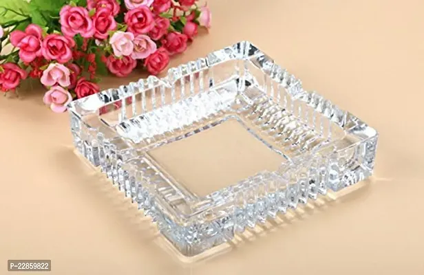 Square Crystal Glass Tabletop AshTray Tribal Decoration Smoking Ash Tray Cigarette Ash Collect Tray For Home, Living Room, Office, Cafe, Hotel, Indoor Outdoor Use (12 x 12 x 3 CM)