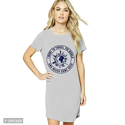 Stylish Grey Cotton Blend Printed Round Neck T-shirt Dress For Women