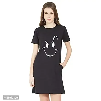 Stylish Black Cotton Blend Printed Round Neck T-shirt Dress For Women