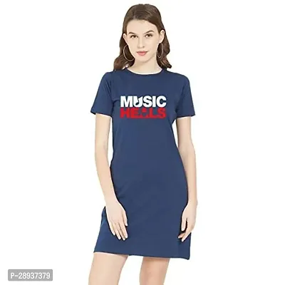Stylish Navy Blue Cotton Blend Printed T-shirt Dress For Women-thumb0