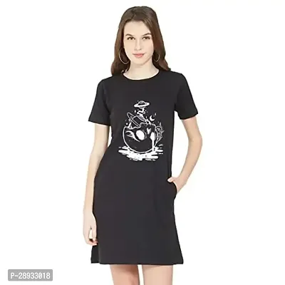 Stylish Black Cotton Blend Printed Round Neck T-shirt Dress For Women-thumb0