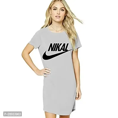 Stylish Grey Cotton Blend Printed Round Neck T-shirt Dress For Women