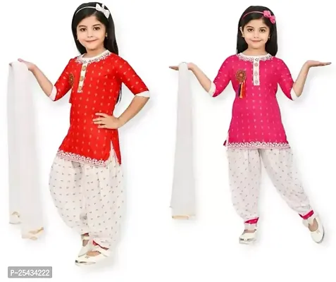 Alluring Multicoloured Cotton Blend Printed Stitched Salwar Suit Sets For Girls Pack Of 2-thumb0