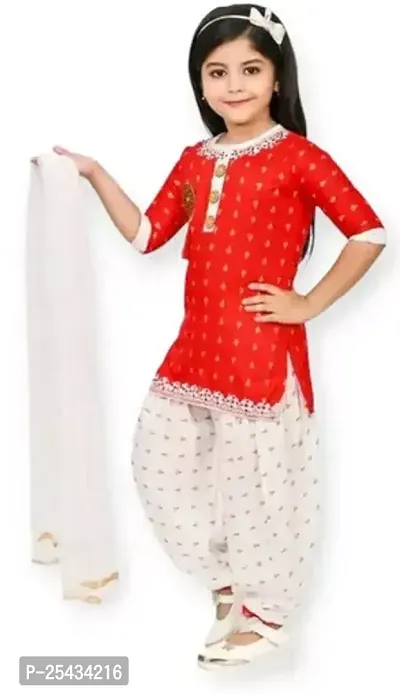 Alluring Red Cotton Blend Printed Stitched Salwar Suit Sets For Girls-thumb0
