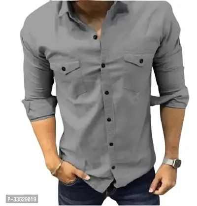 Stylish Cotton Blend Grey Solid Casual Shirts For Men-thumb2