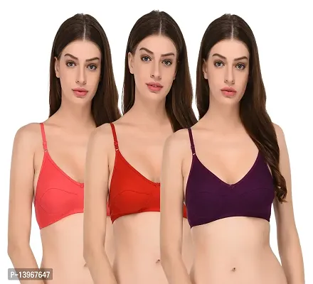 Viral Girl Women's Cotton Hosiery Red,Purple,Peach T-Shirt B-Cup Bra (Set of 3)