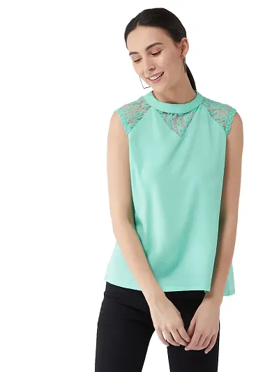 Miss Chase Women's Sea Green Round Neck Sleeveless Basic Lace Top (MCSS15TP06-04-19-04,Sea Green,M)