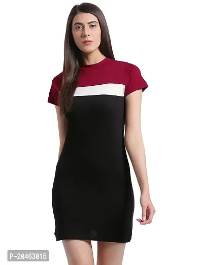 RIGO Women's Cotton Single Jersey Above Knee Half Sleeves Round Neck Bodycon Dress (Maroon and Black, Medium)