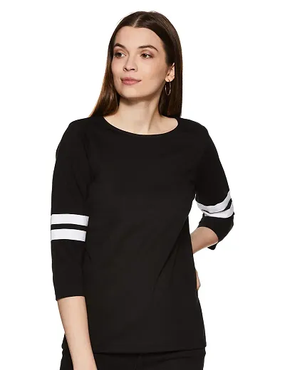 Miss Chase Women's Black Round Neck 3/4th Sleeves Solid Regular Basic Top (MCSS17TP07-96-62-02, Black, X-Small)