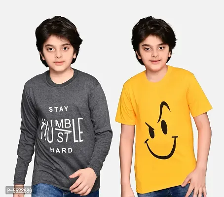 Boys Tshirt Combo Pack  Unisex Kids T-Shirt Combo Set Regular Fit Round Neck Stylish Printed Tees  Cotton Blend, 3 Pcs, Dark Grey  Yellow-thumb0