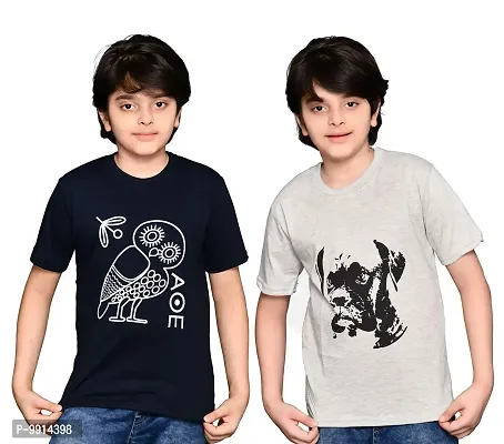 TADEO Boys Tshirt Combo Pack | Unisex Kids T-Shirt Combo Set| Regular Fit Round Neck Stylish Printed Tees | Cotton Blend, 2 Pcs, Navy Blue & Grey, 8-9 Years-thumb0