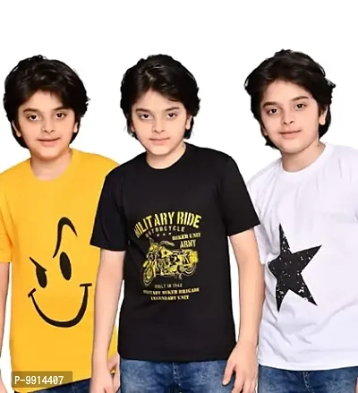 TADEO Boys Tshirt Combo Pack | Unisex Kids T-Shirt Combo Set| Regular Fit Round Neck Stylish Printed Tees | Cotton Blend, 3 Pcs, Yellow, Black & White, 9-10 Years-thumb0
