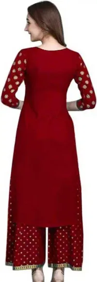Stylish Rayon Red Printed Round Neck 3/4 Sleeves Kurta With Palazzo Set For Women-thumb1