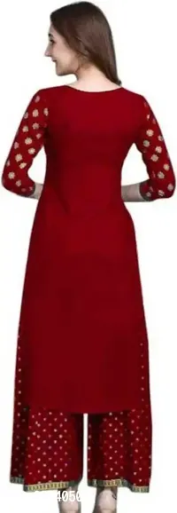 Stylish Rayon Red Printed Round Neck 3/4 Sleeves Kurta With Palazzo Set For Women-thumb2