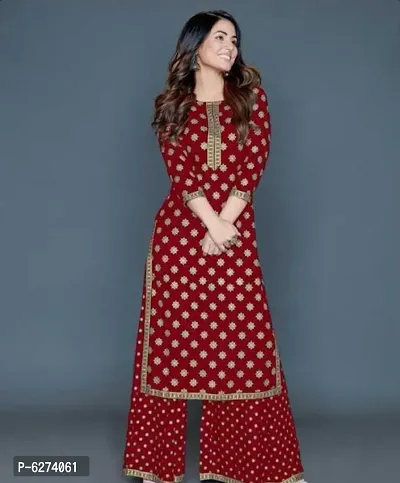 Stylish Rayon Maroon Printed Round Neck 3/4 Sleeves Kurta With Palazzo Set For Women-thumb0